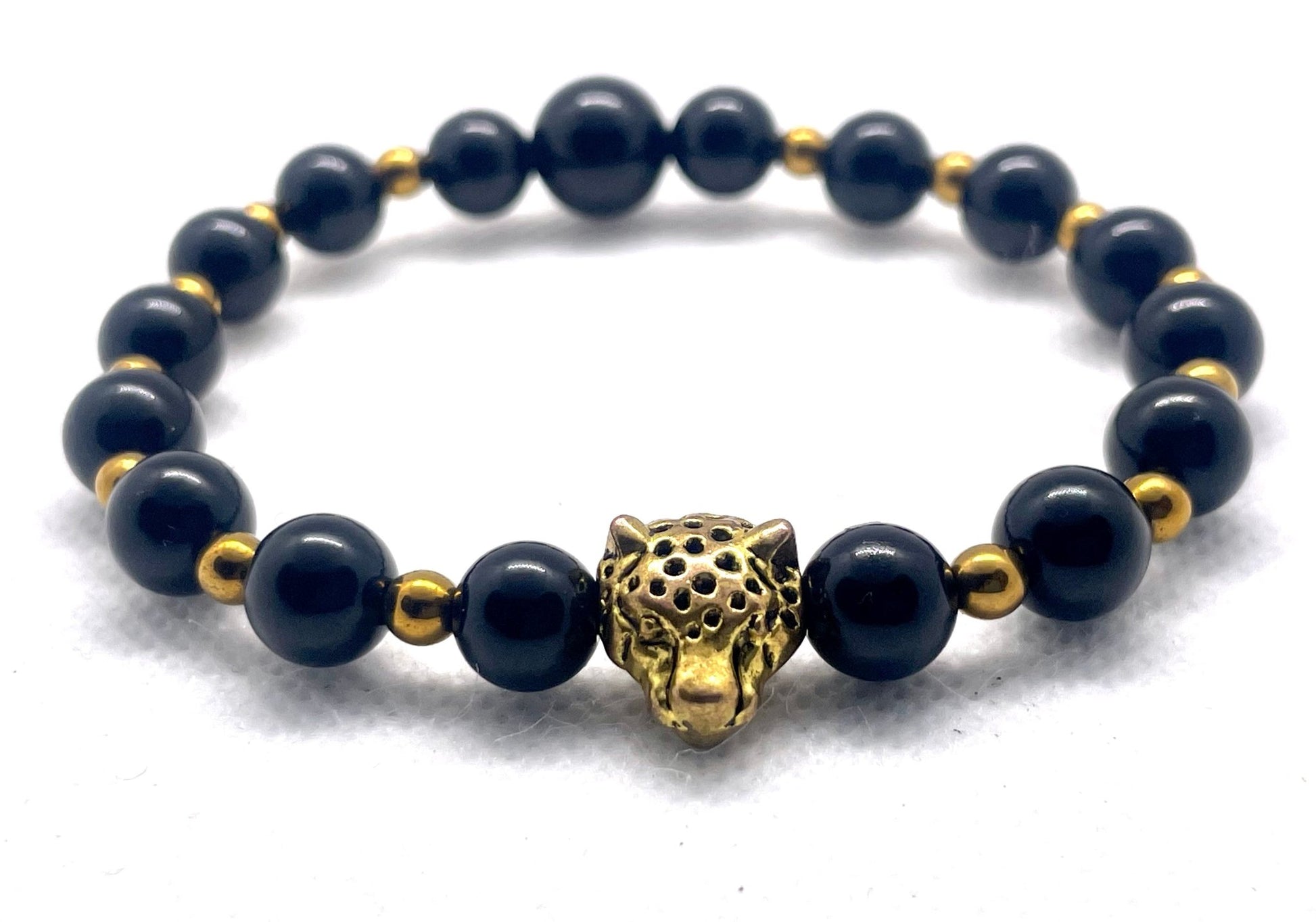 "Savage Opulence: Black Onyx & Hematite Jaguar Power Bracelet" - Organicmansion.com